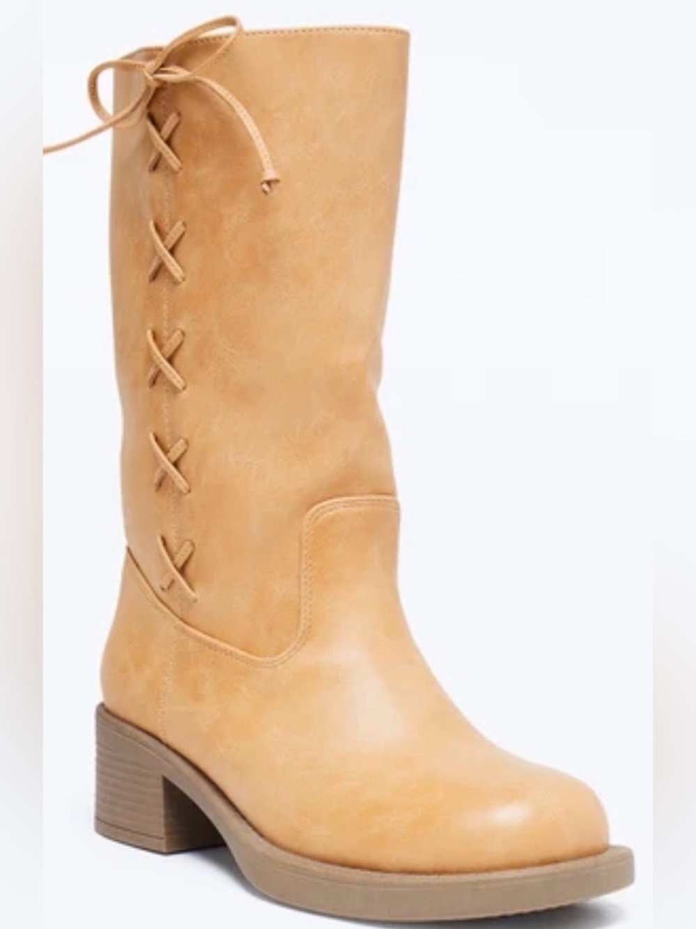 Women's Tan Mid-Calf Lace-Up Heel Boots
